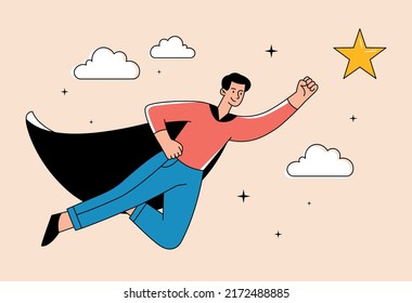 Concept of achieving goals and career growth. Businessman with hero cape flying in sky. Male seeks to receive reward in form of star. Successful Entrepreneur. Cartoon flat vector illustration.