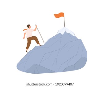 Concepto de consecución de objetivos, desafíos, oportunidades y crecimiento personal. Hombre escalando una montaña con bandera en la parte superior en su camino al éxito. Ilustración vectorial plana coloreada aislada en fondo blanco