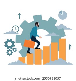 Conceito de alcançar objetivos, passo a passo processo para alcançar o sucesso, movendo-se com motivação, desenvolvimento de carreira. Ilustração de vetor plano.