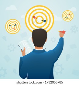 The concept of achieving goals through training and knowledge. A man reading a book hits a target with a dart. Vector illustration.