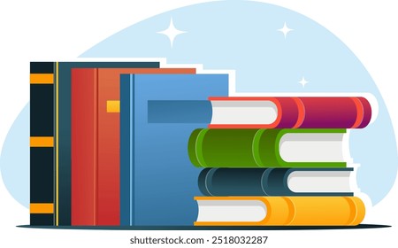 concept of acquiring knowledge, books on the shelf and books in a stack.