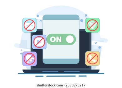 Concept of Activating Do Not Disturb mode on screen. feature on mobile phone or device to not display notifications, activate do not disturb mode, data vector illustration.