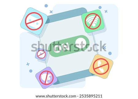 Concept of Activating Do Not Disturb mode on screen. feature on mobile phone or device to not display notifications, activate do not disturb mode, data vector illustration.