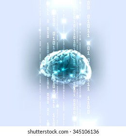 The Concept of Active Human Brain with Binary Code Stream. Vector Illustration.