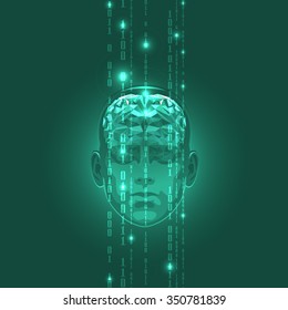 The Concept of Active Human Brain with Binary Code Stream. Vector Illustration.