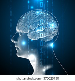 Concept of Active Human Brain with Binary Code Stream. Human Brain Covered with fall of Binary Numbers. Technology Low Poly Design of Human Brain. Brain with Binary Digits. Symbol of Wisdom.