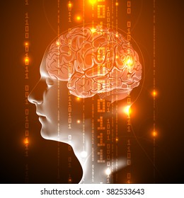 Concept of Active Human Brain with Binary Code Stream. Human Brain Covered with fall of Binary Numbers. Technology Low Poly Design of Human Brain. Brain with Binary Digits. Symbol of Wisdom.