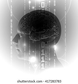 Concept of Active Human Brain. Binary digits with Human Brain. Human Head with Brain. Digital theme with Binary Digits. Binary Numbers with Brain. Stream of Binary Numbers.