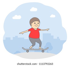 Concept of active lifestyle. A young man rides a skateboard. Isolated vector illustration in cartoon style.