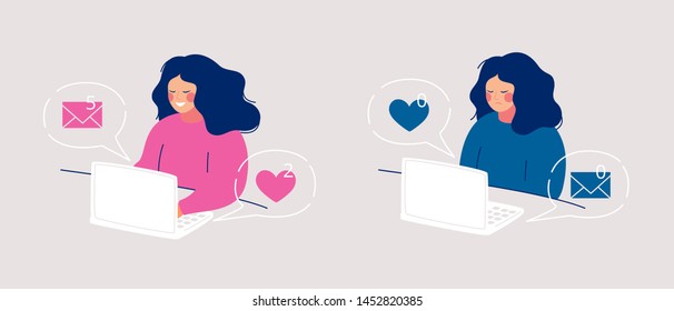 Concept of active online communication on social network and loneliness on internet. Cartoon female characters illustrations isolated from background