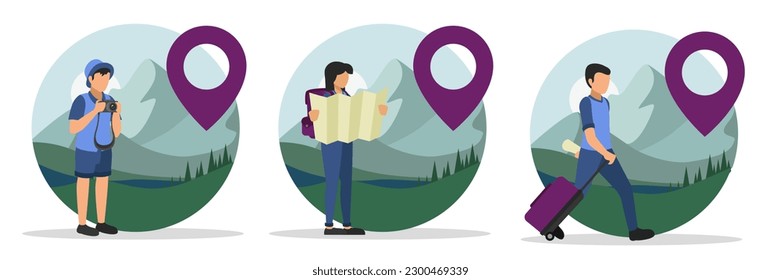 Concept of active recreation. Tourist taking pictures of views with camera, girl looking for way with paper map, man walking with suitcase in mountains. Set of illustrations in circle