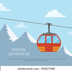 The concept of active rest for the Christmas holidays. Winter landscape, mountains and cable car. Template invitation skiing and snowboarding in a flat style. Vector illustration.