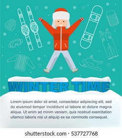 The concept of active rest and joyful pastime. Winter time banner. Boy with winter vacation items concept. Flat illustration. Sun,  sleds, snowboard, ski, snowmobile, safety glassesweb icon set.