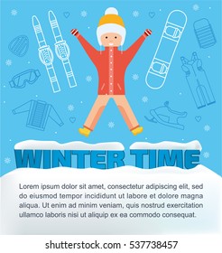 The concept of active rest and joyful pastime. Winter time banner. Girl jumping for joy. Winter vacation items concept. Flat. Sun, sleds, snowboard, ski, snowmobile, safety glassesweb icon.