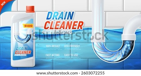 Concept ad of drain cleaner. 3d vector concept of drain pipe cleaner product. Realistic banner with flooded bathroom, pipe filled with dirt and bottle. Cleansing product advertising for sink siphon.