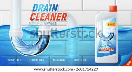 Concept ad of drain cleaner product. 3d vector concept of drain pipe cleaner product. Realistic banner with flooded bathroom, pipe filled with dirt and bottle. Cleansing product advertising for siphon