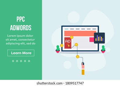 Concept of ad word marketing, PPC advertising, online paid ads, search marketing - flat design vector landing page with icons