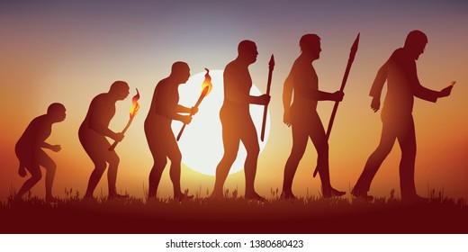 Concept of the addiction to the smartphone and the social networks with the symbol of Darwin showing the evolution of the primitive man towards the modern man, who advances while looking at his screen