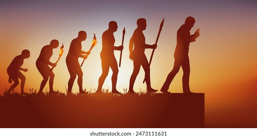 Concept of the addiction to the smartphone and the social networks with the symbol of Darwin showing the evolution of the primitive man towards the modern man, who advances while looking at his screen