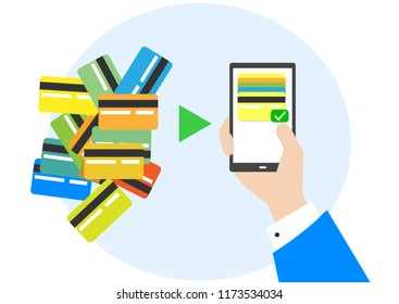 Concept of adding all accounts credit debit cards to mobile smart phone. Pay with phone wireless. Vector illustration with new technology concept. Business man hand holds phone