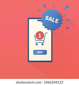 Concept of adding to the shopping cart with a discount in a virtual store via smartphone, online shopping, smartphone with promotion icon with the word sale