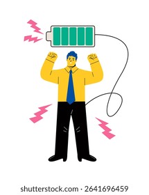 Concept of adequate rest. Energized business man, confidence. Flat vector illustration isolated on white background
