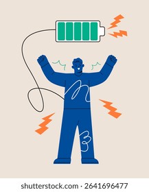 Concept of adequate rest. Energized man, confidence. Colorful vector illustration
