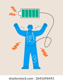Concept of adequate rest. Energized woman, confidence. Colorful vector illustration
