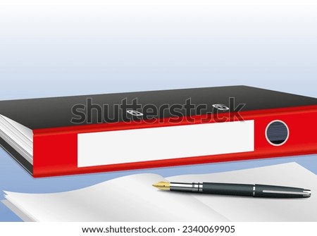 Concept of administrative documents in companies with a binder, white pages and a fountain pen.