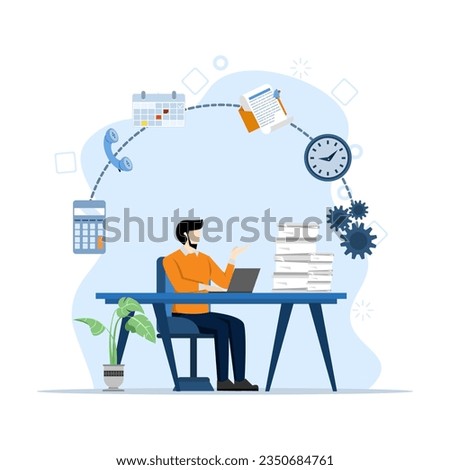 concept of administrator or work assistant, professional secretary or accountant, receptionist working by answering phone, calendar scheduler or coordinator, businessman admin working at office desk.