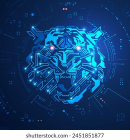 concept of advance technology or cyber security, graphic of tiger face combine with electronic pattern and futuristic element