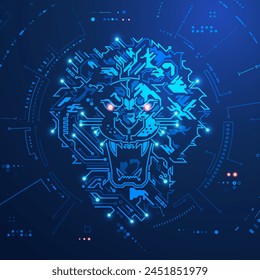 concept of advance technology or cyber security, graphic of lion face combine with electronic pattern and futuristic element