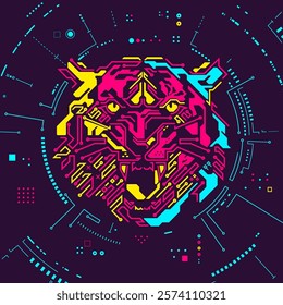 concept of advance technology or cyber security, graphic of tiger face combine with electronic pattern and futuristic element presented in cyberpunk style