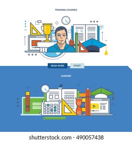 Concept of advanced training, lessons, training courses and exercises. Color Line icons collection. Vector design for website, banner, printed materials and mobile app.