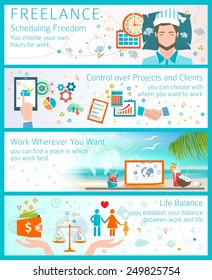 Concept of advantages of becoming a freelancer.  Flat design style. Scheduling freedom. Control over projects and clients. Life balance. Work while travel.