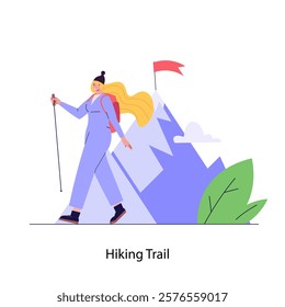 Concept of adventure, camping, vacation and tourism, hiking trail. Woman hiking and looking on mountain. Summer sport activity. Vector illustration in flat design