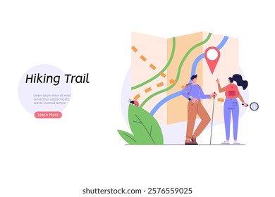 Concept of adventure, camping, vacation and tourism, hiking trail. People hiking and looking at map. Summer sport activity. Vector illustration in flat design