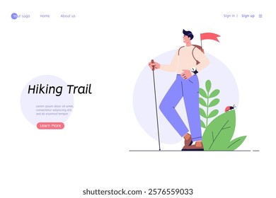 Concept of adventure, camping, vacation and tourism, hiking trail. Man hiking and looking at mountain. Summer sport activity. Vector illustration in flat design