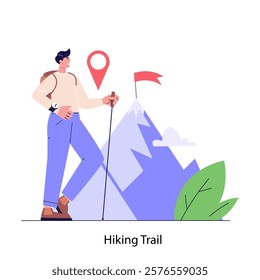 Concept of adventure, camping, vacation and tourism, hiking trail. Man hiking and looking at mountain. Summer sport activity. Vector illustration in flat design