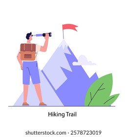 Concept of adventure, camping, vacation and tourism, hiking trail. Man hiking and looking in telescope at mountain. Summer sport activity. Vector illustration in flat design