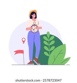 Concept of adventure, camping, vacation and tourism, hiking trail. Woman hiking and looking on mountain. Summer sport activity. Vector illustration in flat design