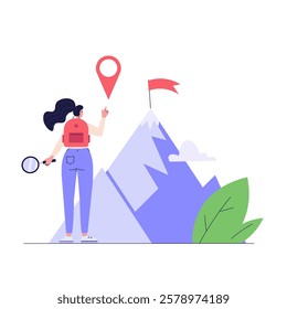 Concept of adventure, camping, vacation and tourism, hiking trail. Woman hiking and looking on mountain. Summer sport activity. Vector illustration in flat design