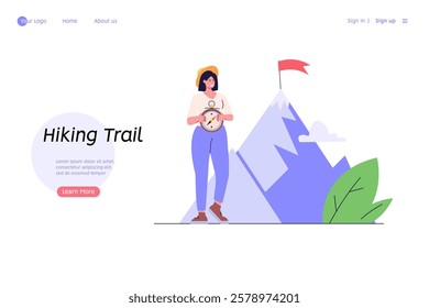 Concept of adventure, camping, vacation and tourism, hiking trail. Woman hiking and looking on mountain. Summer sport activity. Vector illustration in flat design