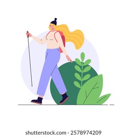 Concept of adventure, camping, vacation and tourism, hiking trail. Woman hiking and looking on mountain. Summer sport activity. Vector illustration in flat design