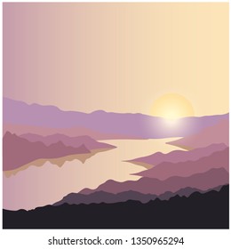 Concept adventure landscape. Silhouette of river, mountains, hills and forest on the sun and sky background. Summer travel. Spring trip. Nature and sunrise. Wanderlust and camping.