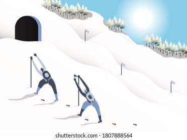 Concept of adventurous hiking in snowy mountains during holidays in a bright morning. Flat cartoon character vector illustration with charming scenario. Easily customisable.