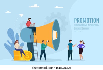 Concept of advertisement, marketing, promotion. Big megaphone attracts buyers of investors and businessmen. Vector illustration.