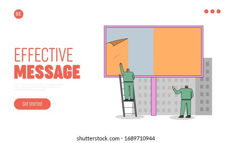 Concept Of Advertisement. Website Landing Page. Men Mounting Poster On Big Street Billboard Using Ladder. Outdoor Advertising Poster. Web Page Cartoon Linear Outline Flat Style. Vector Illustration