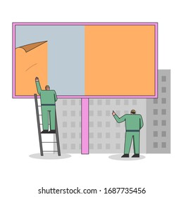 Concept Of Advertisement. Workers In Uniform Are Mounting Poster On Big Billboard Using Ladder. Outdoor Advertising Poster On the City Street. Cartoon Linear Outline Flat Style. Vector Illustration