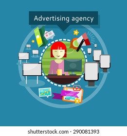 Concept of Advertising agency. Lady advertising agent in office presents ideas and types of promotional products around For web site construction, mobile applications, banners, corporate brochures etc